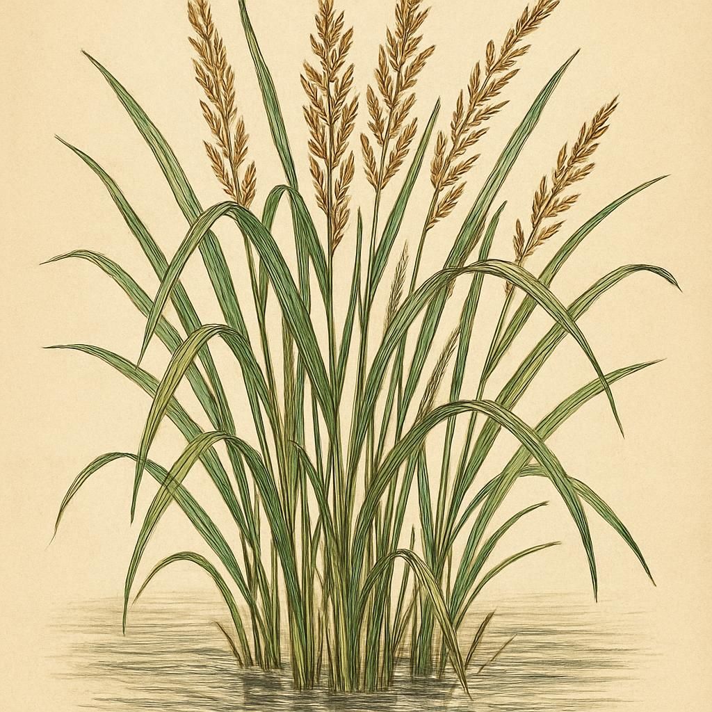 Close-up of Manchurian Wild Rice with lush green stalks and water backdrop.
