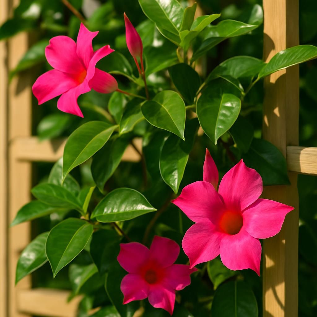 Close-up of vibrant pink Mandevilla flowers and glossy leaves on a wooden trellis in full sun