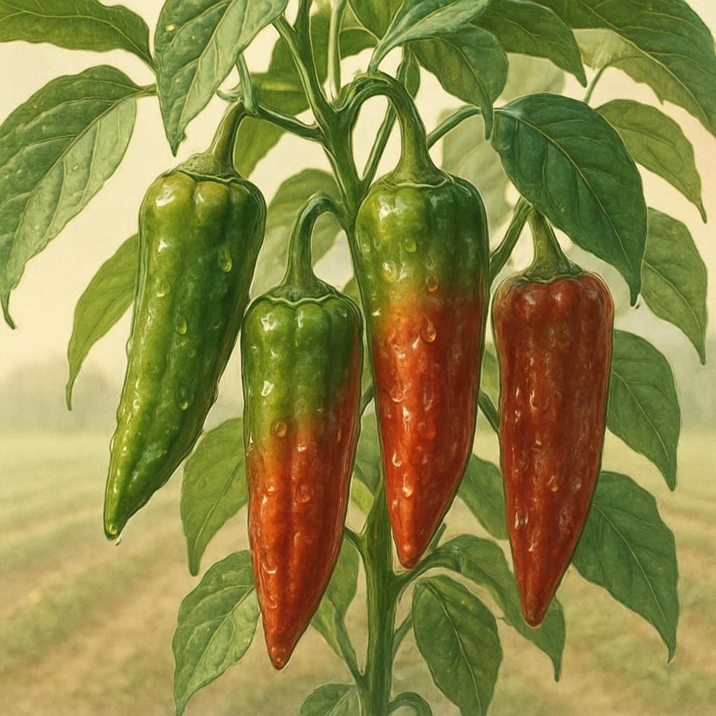 Close-up of slender green-to-red Manganji peppers on healthy plant for growing guide header image