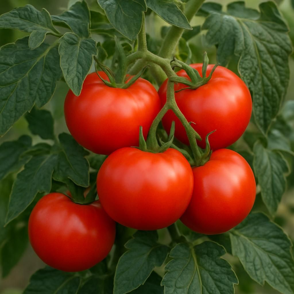 Ripe red Manitoba Tomato fruits growing on a compact determinate plant in a garden setting