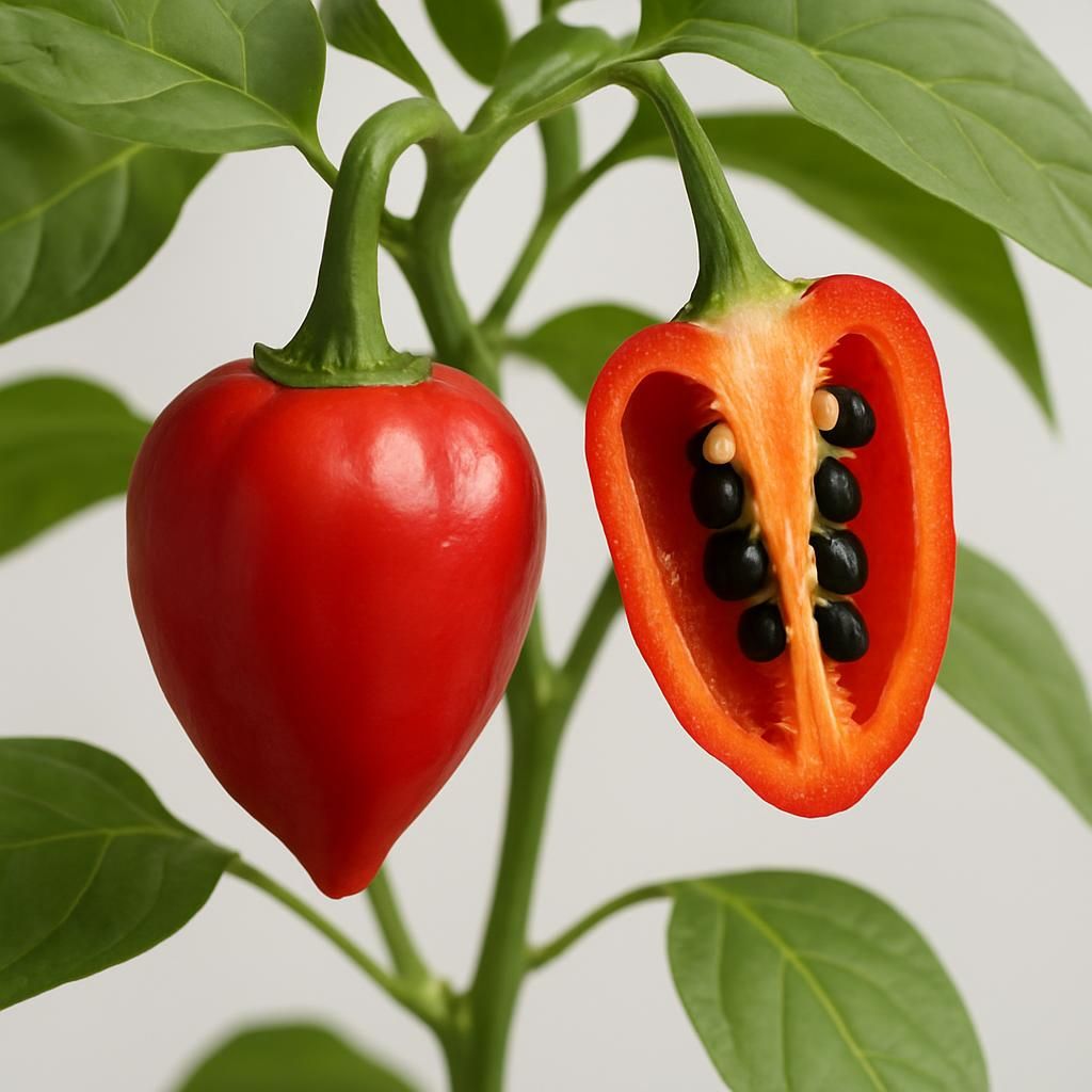 Close-up of ripe red Manzano Pepper (Red) fruit on plant with thick walls and black seeds visible