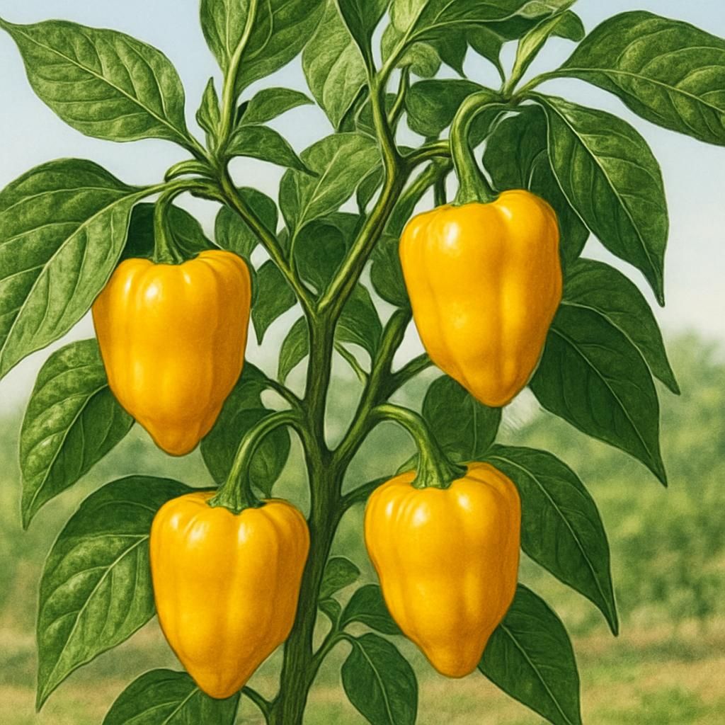 Close-up of golden-yellow Manzano peppers growing on a healthy Capsicum pubescens plant in a field