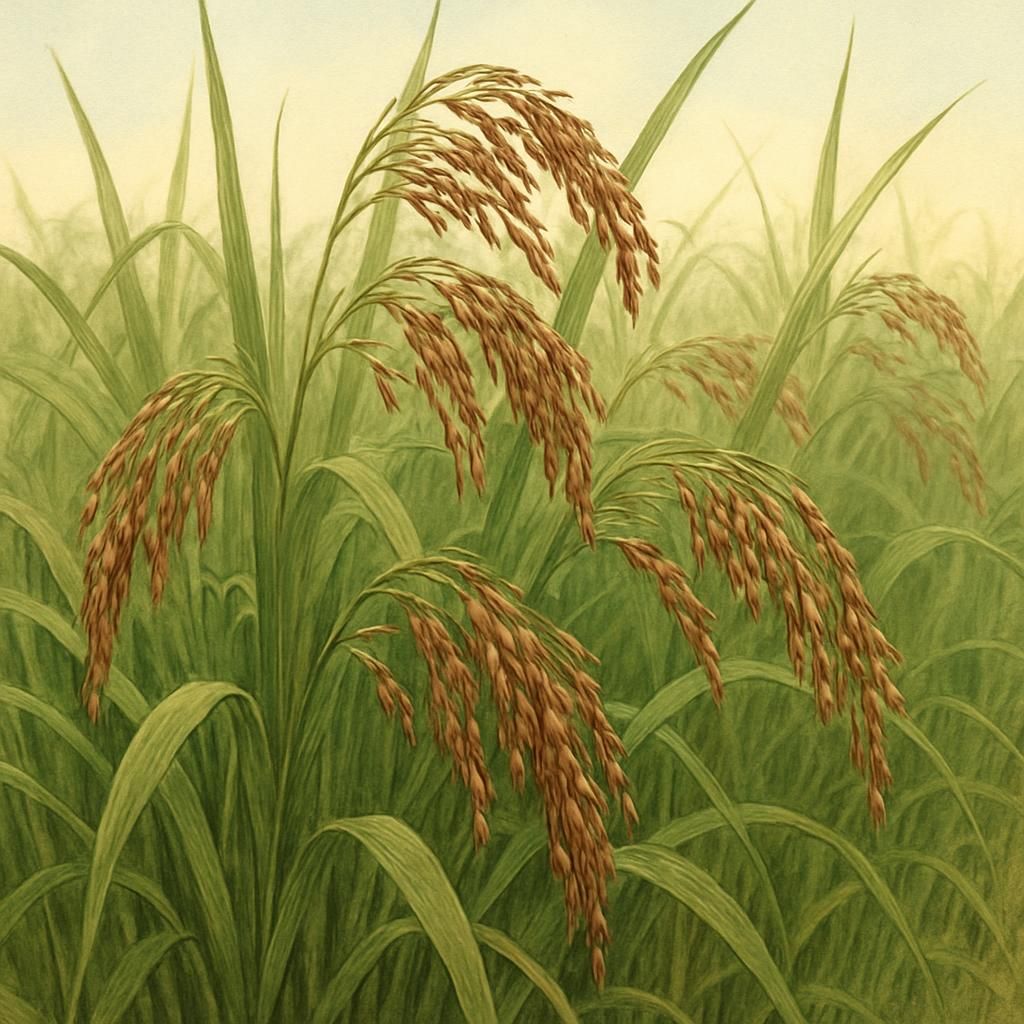 Close-up of mature Mappillai Samba rice plants with distinct red grains.