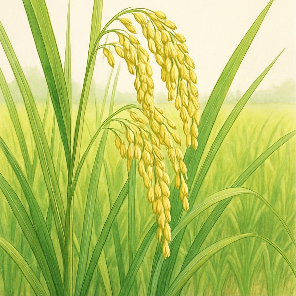 Maratelli Rice plants in a lush paddy field, showcasing their vibrant green leaves and delicate grains.