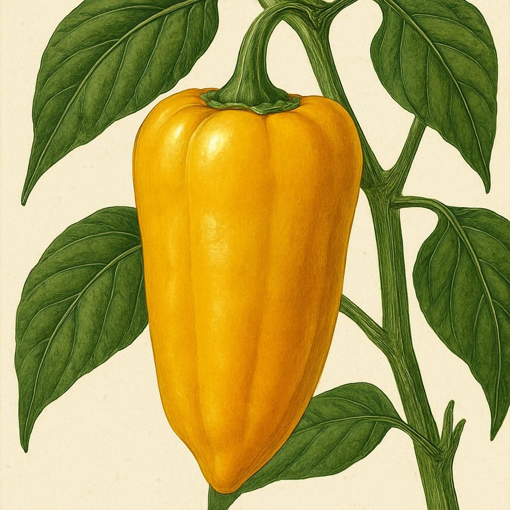 Close-up of a vibrant Marconi Golden Pepper ripening on the plant.