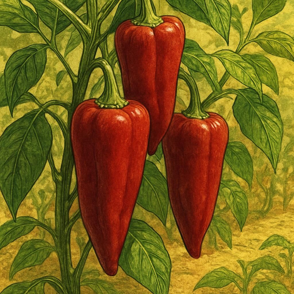 A close-up of bright red Marconi peppers hanging from green plant stems.