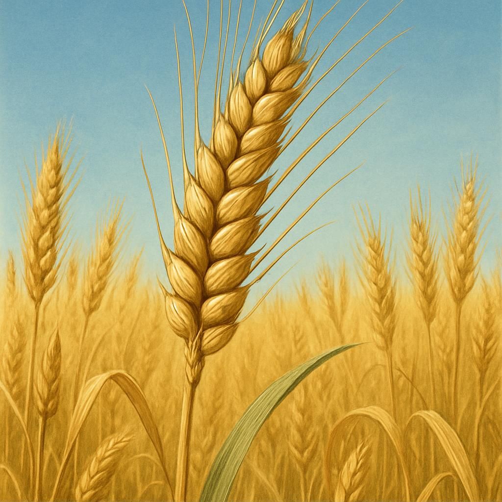Close-up of Marquis Wheat field with golden stalks under a clear sky, highlighting agricultural practices.