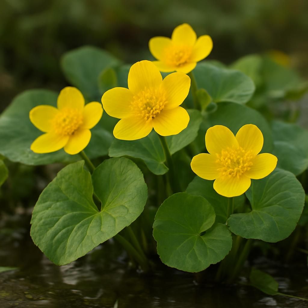 Bright yellow Marsh Marigold flowers with heart-shaped leaves growing in shallow wetland water