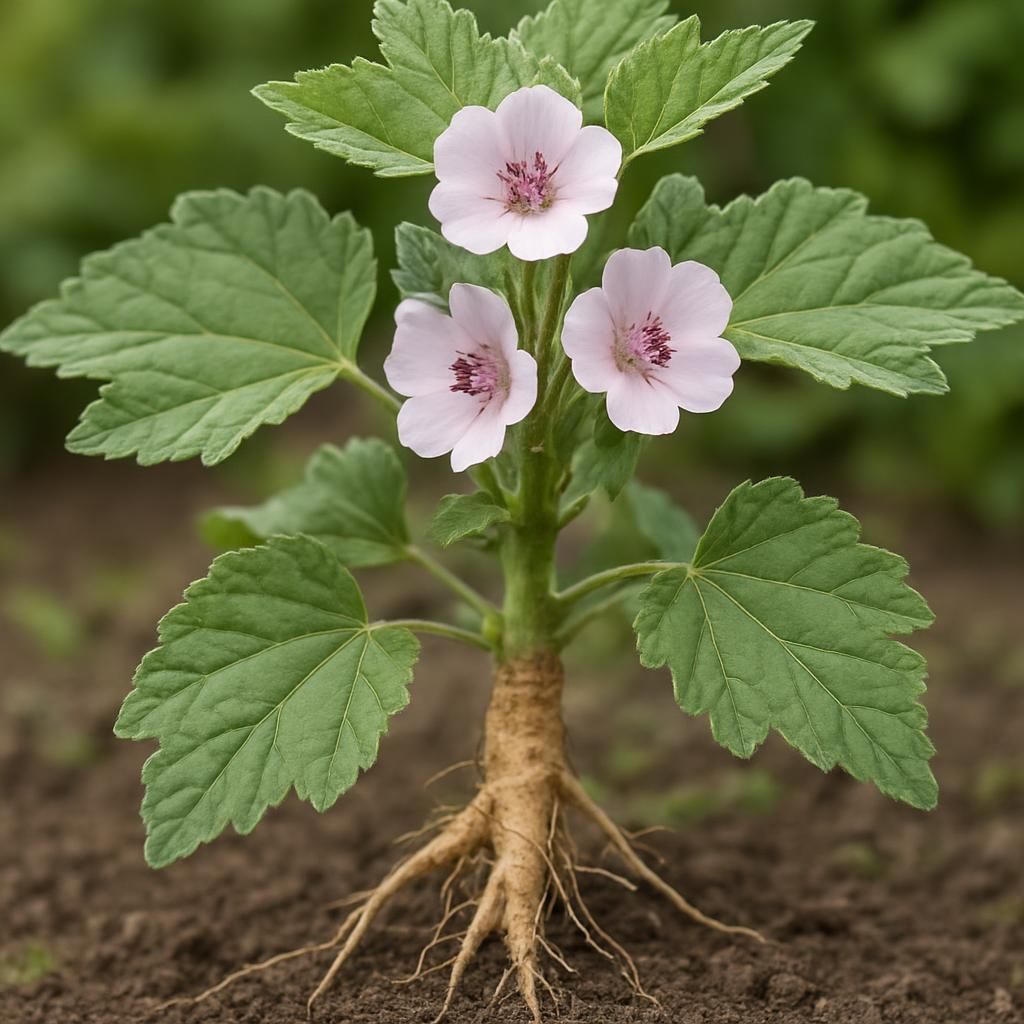 Close-up of Marshmallow Root plant with pale flowers and deep taproot ready for harvest in organic garden