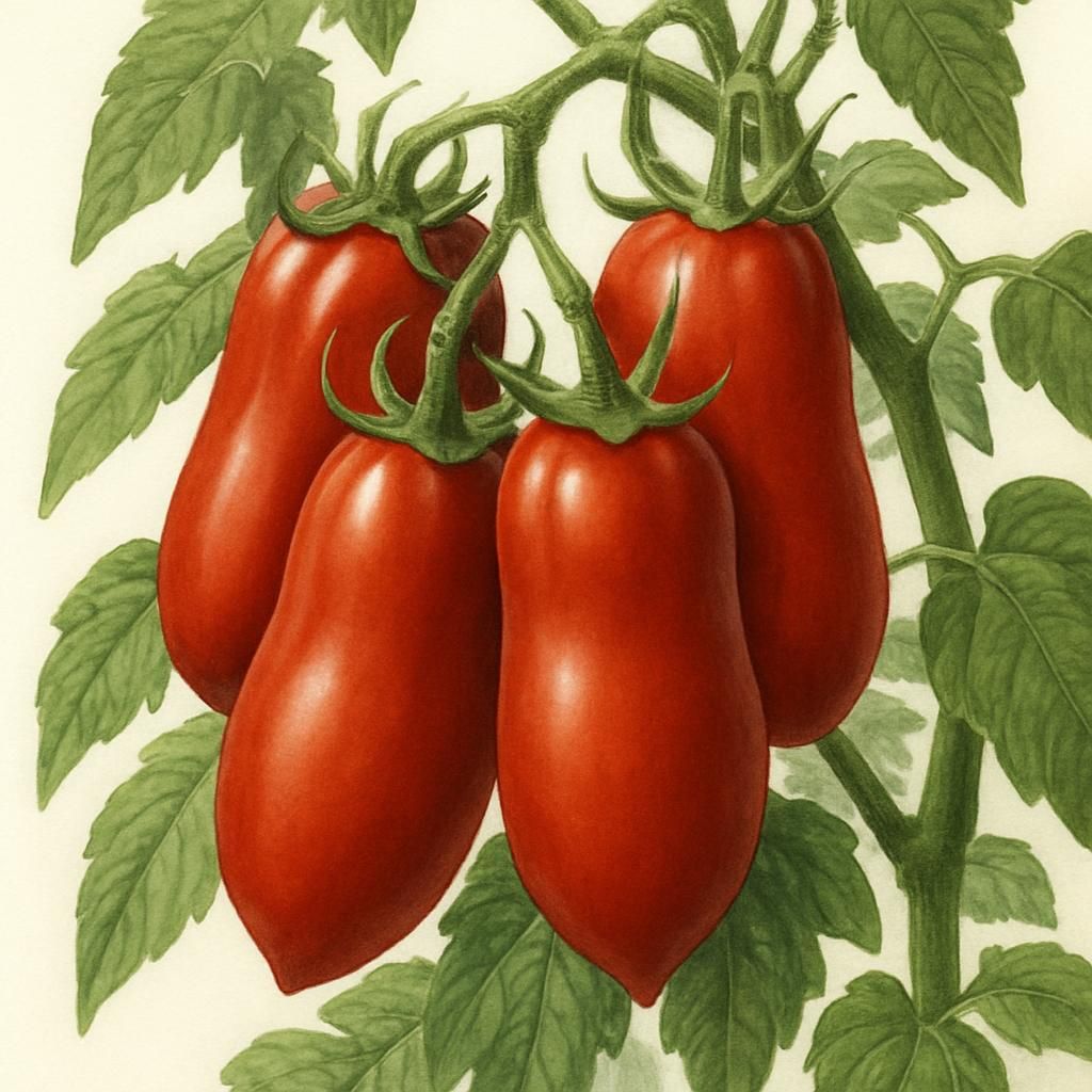Ripe Marzano Fire Tomatoes hanging on vine with lush green leaves