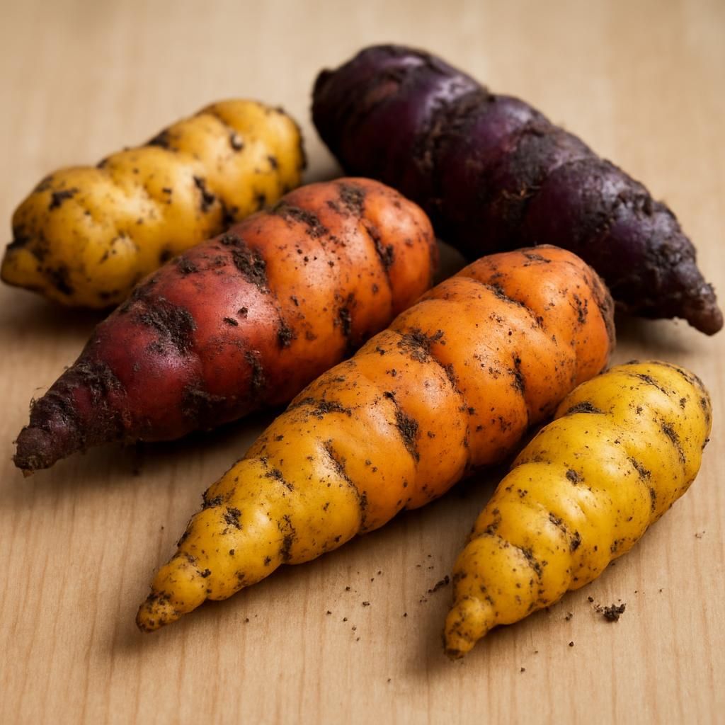 Freshly harvested colorful mashua tubers (Tropaeolum tuberosum) on rustic wood
