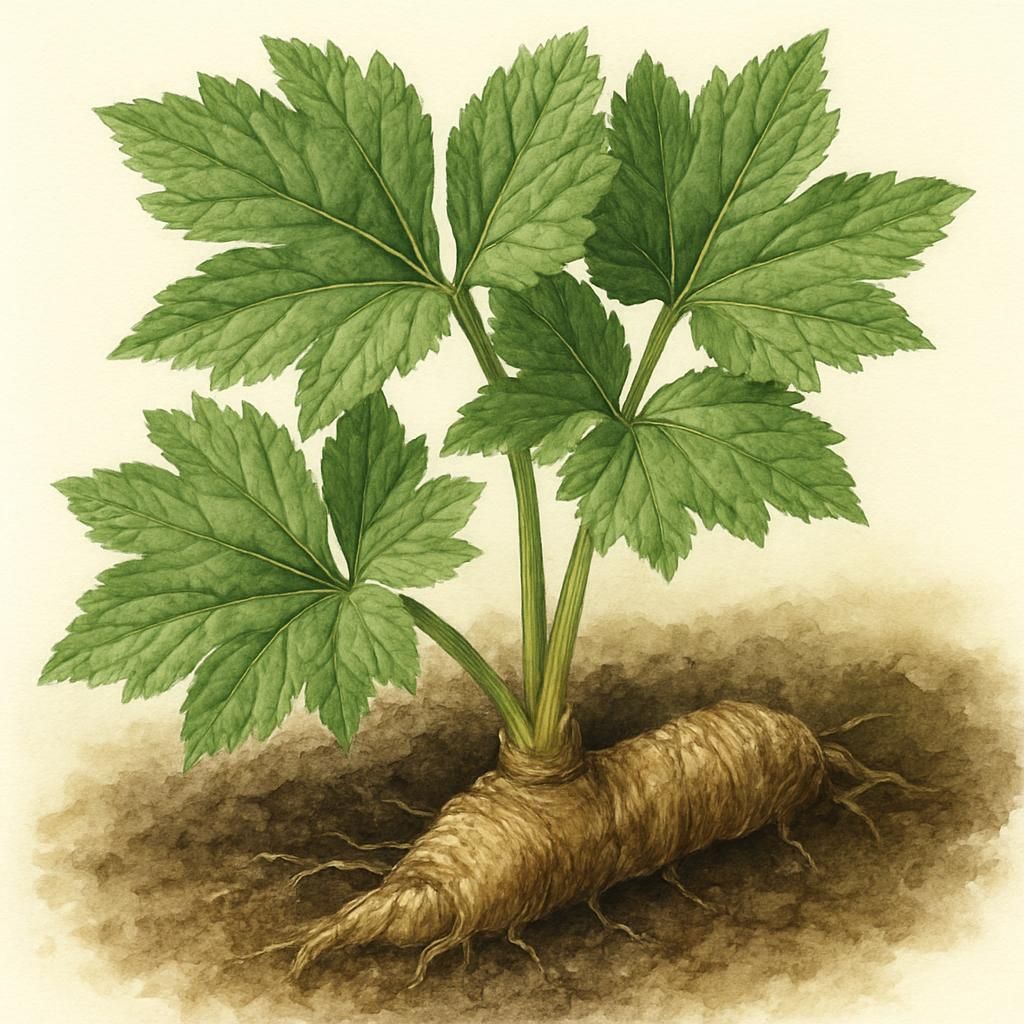 Close-up of Masterwort (Peucedanum ostruthium) with lush foliage and exposed medicinal root in fertile soil