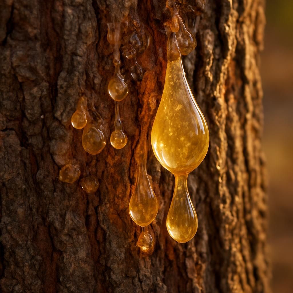 Close-up of clear mastic resin tears on Pistacia lentiscus bark under Mediterranean sunlight