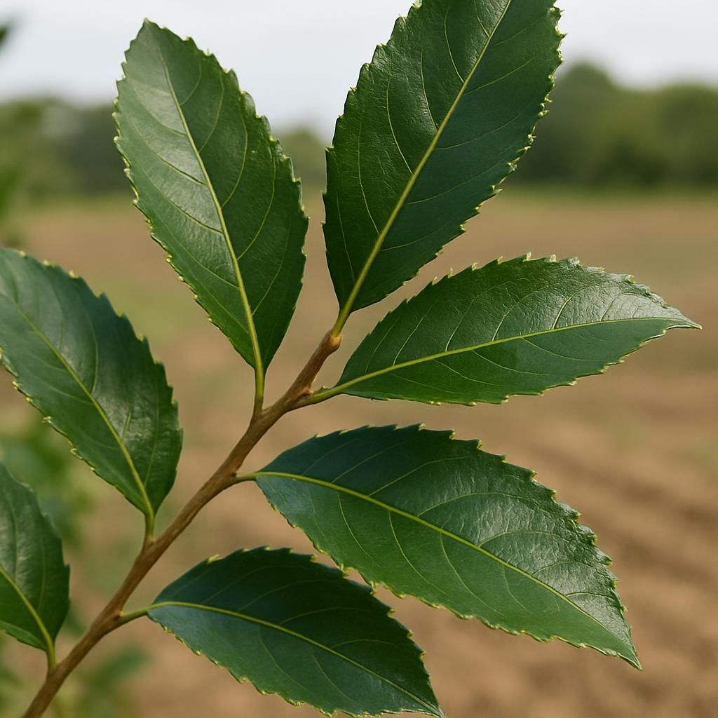 Close-up of vibrant green mate leaves on Ilex paraguariensis tree ready for harvest