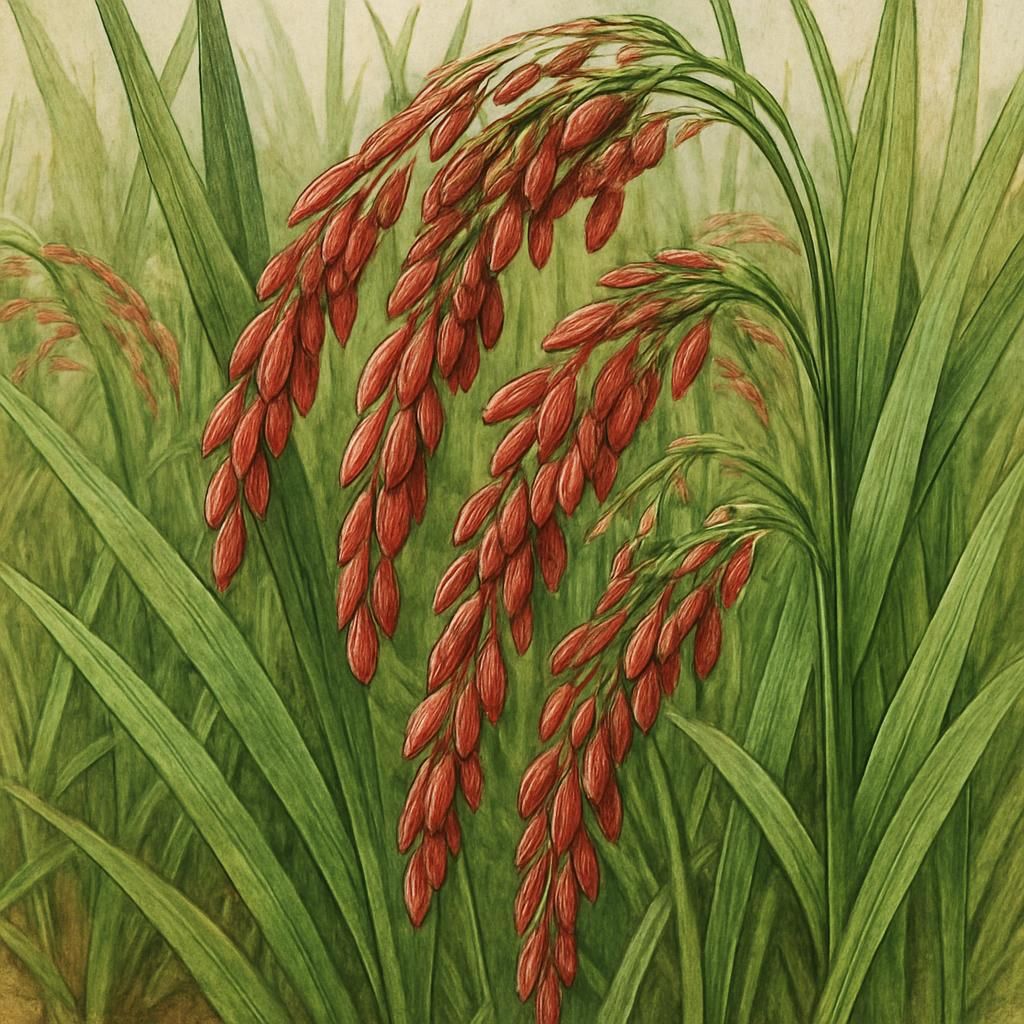 Close-up of organic Matta Rice, showcasing red grains and lush green plants in Kerala fields.