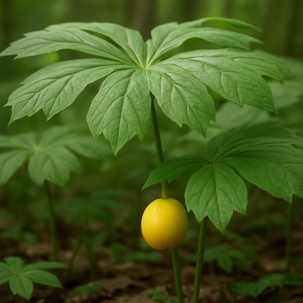 Ripe Mayapple fruit and lush foliage growing in shaded woodland garden