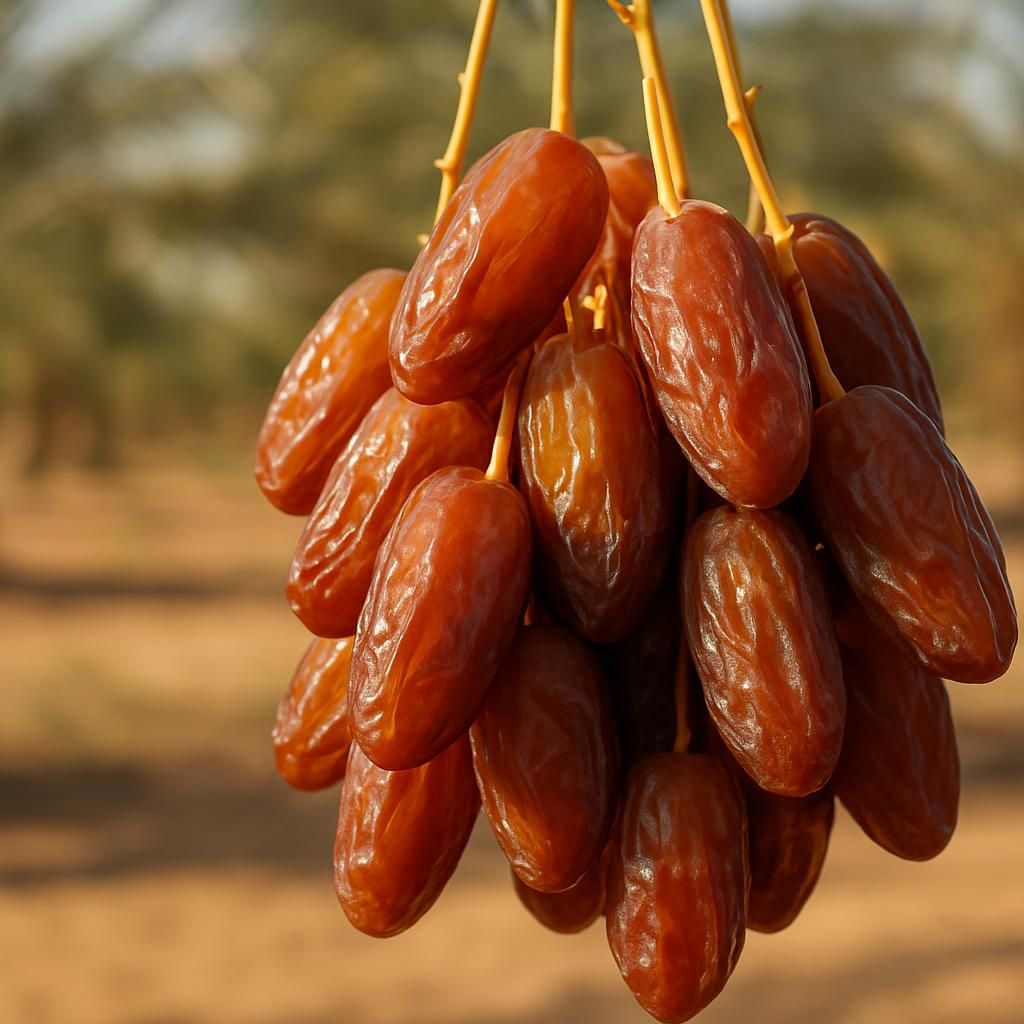 Close-up of premium Medjool dates ripening on a date palm bunch under desert sunlight