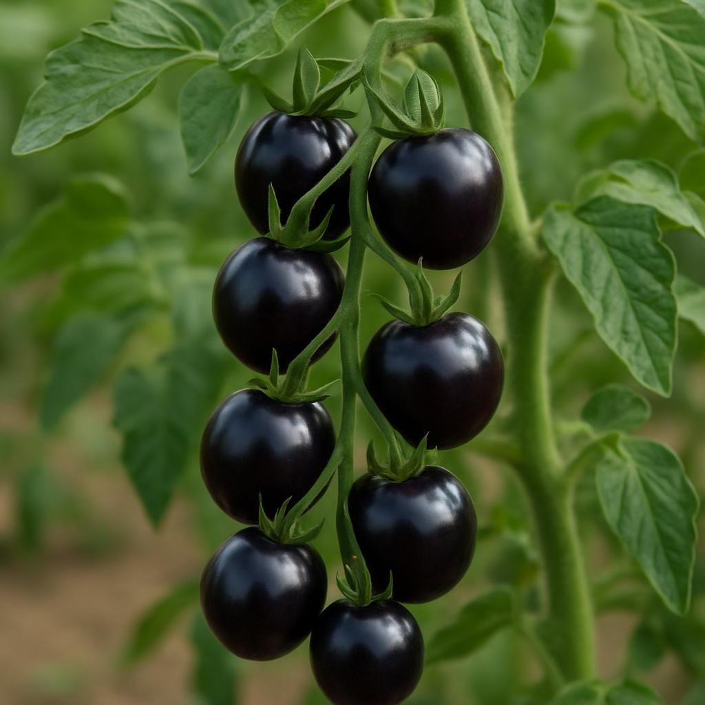 Ripe Midnight Snack purple-black cherry tomatoes on the vine ready for harvest