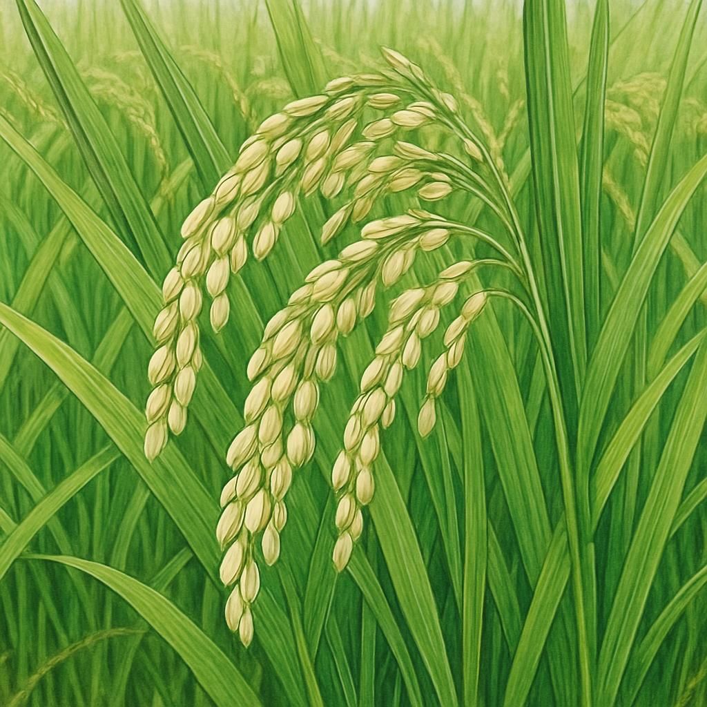 Close-up of Milky Queen Rice plant in green paddy, exhibiting vibrant growth and milky grains.