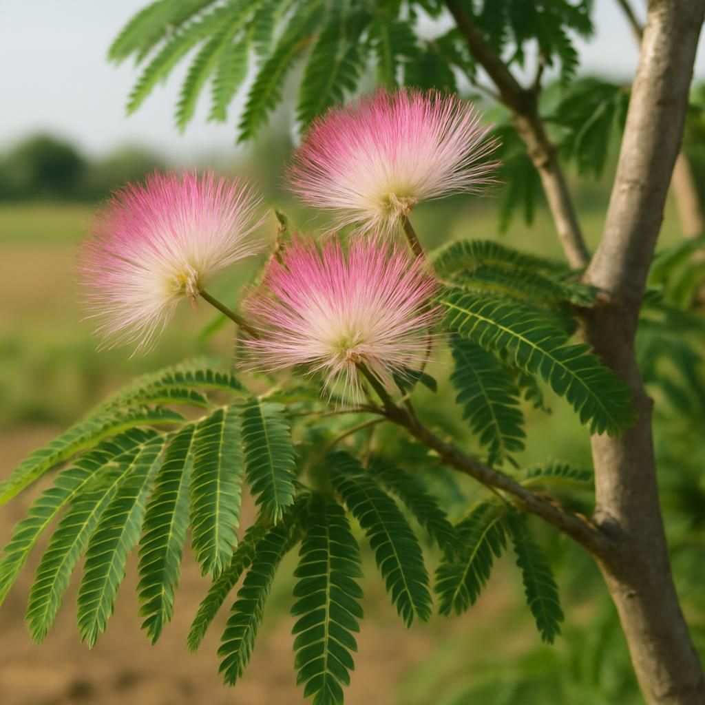 Close-up of pink mimosa flowers and fern-like leaves on Albizia julibrissin tree