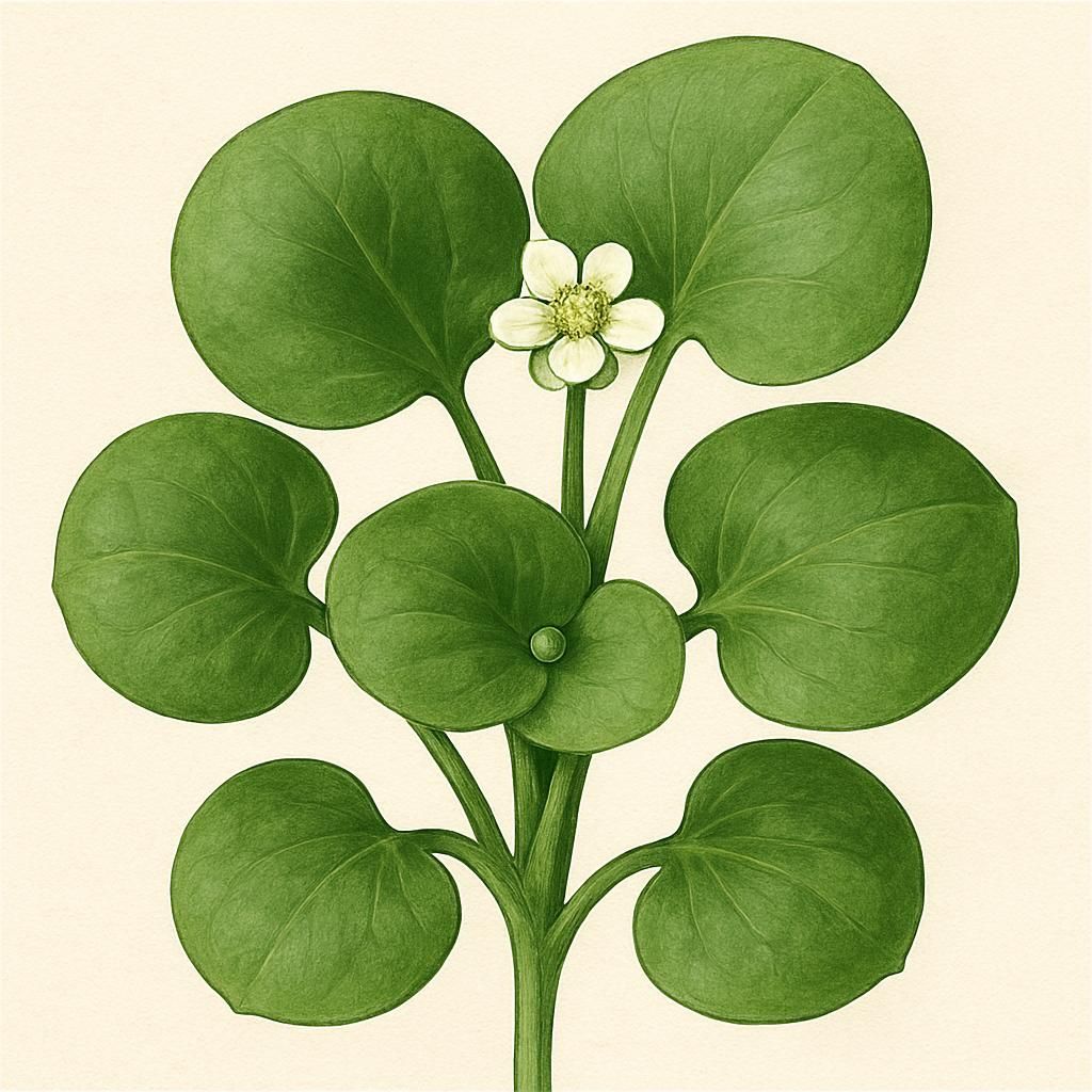 Close-up of Miner’s Lettuce, showcasing its round leaves and central tiny flowers.