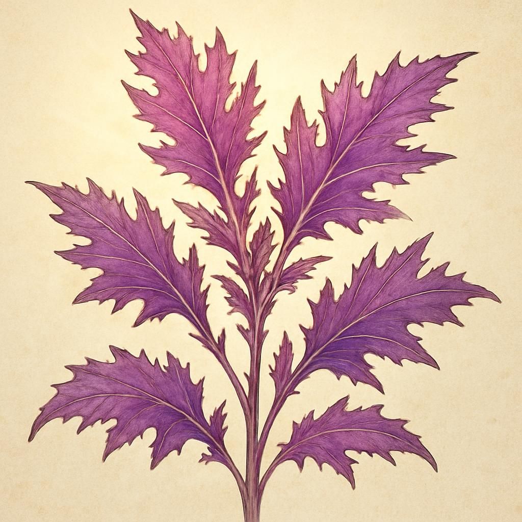 Close-up of Purple Mizuna leaves with vibrant purple-red hues and serrated edges under sunlight.