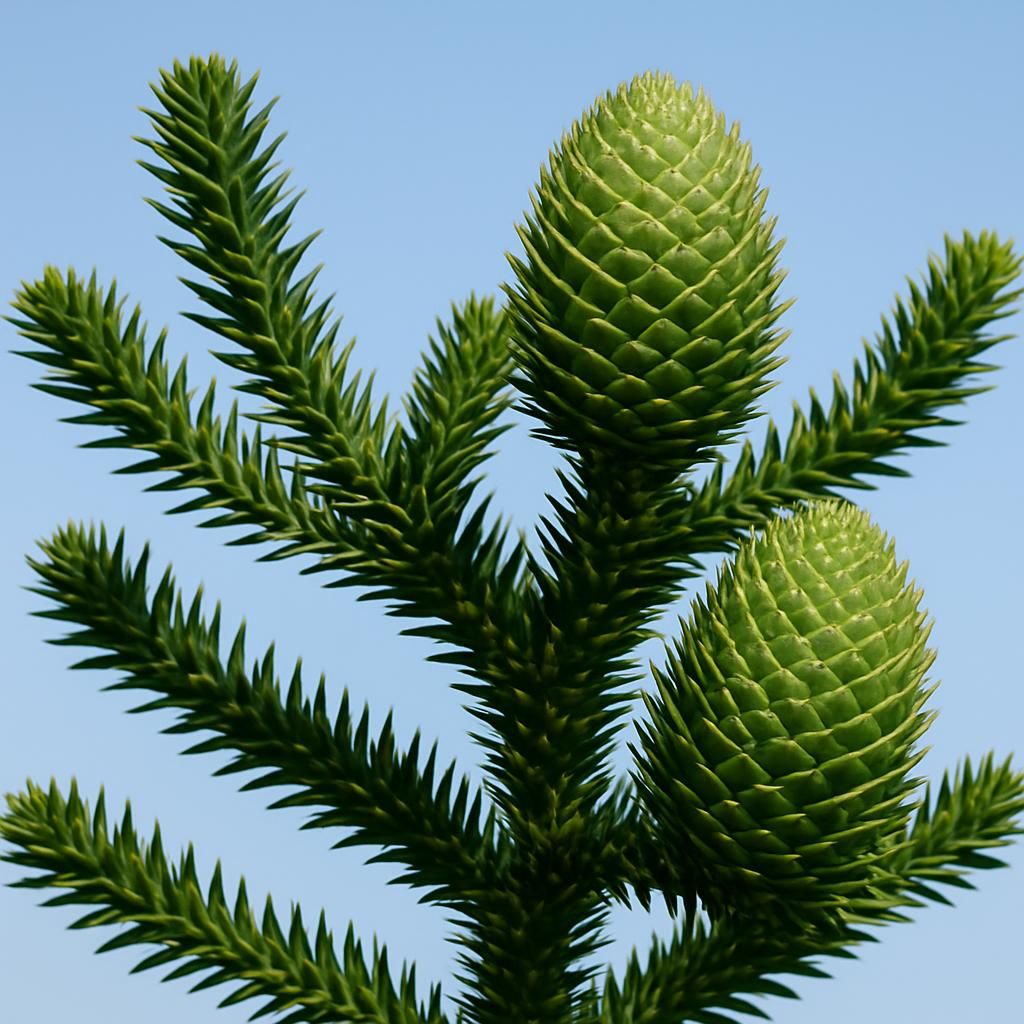 Monkey Puzzle Nut tree with large green cones and distinctive geometric branches in a temperate orchard setting