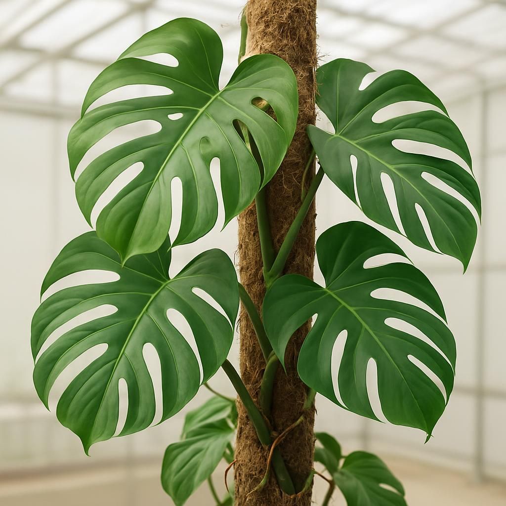 Mature Monstera deliciosa with fenestrated leaves on moss pole in professional greenhouse