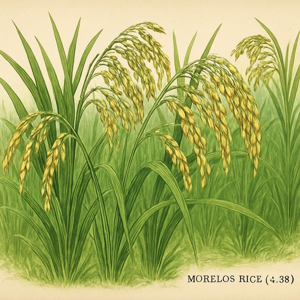 Morelos Rice (A-98) growing in a lush paddy field, displaying healthy stalks and grains.