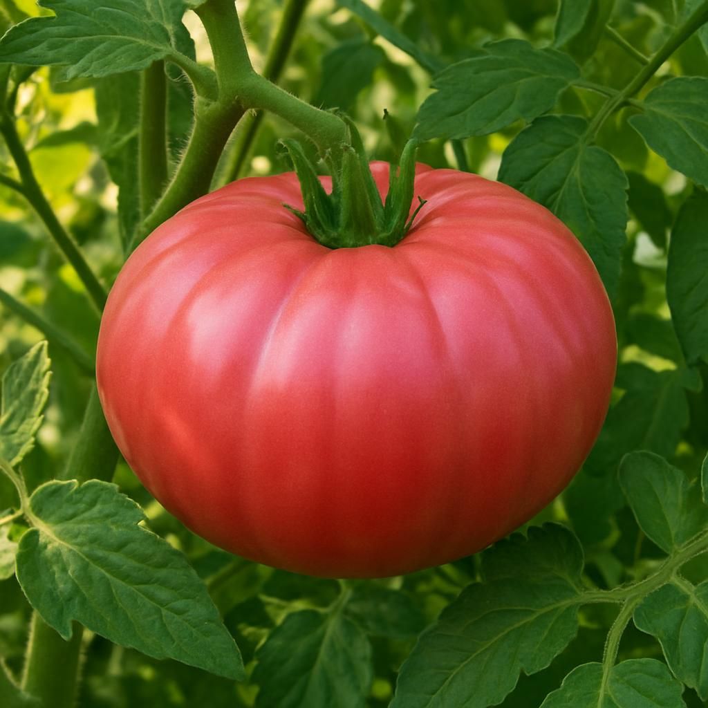 Close-up of ripe pink Mortgage Lifter Estler's Tomato fruit on healthy vine with green leaves