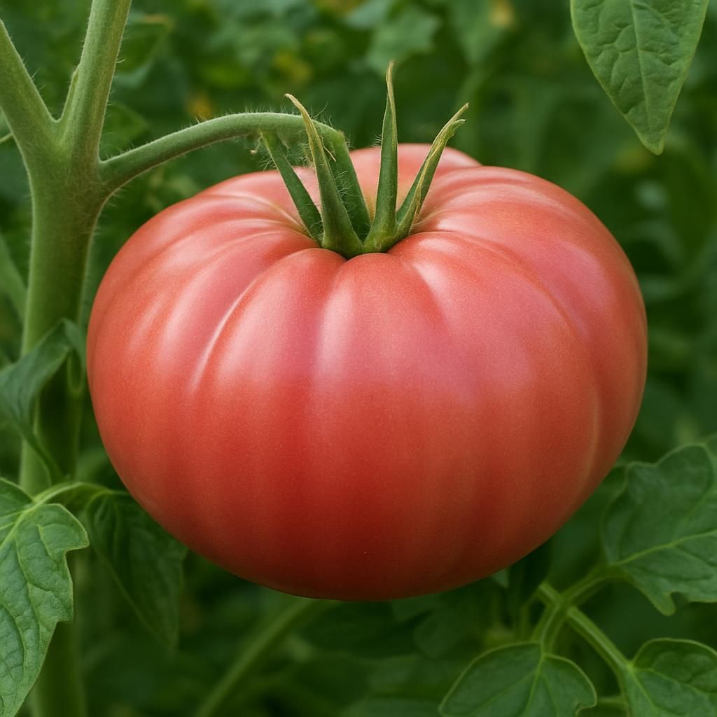 Close-up of large pink Mortgage Lifter heirloom tomato on vine with rich color and smooth skin