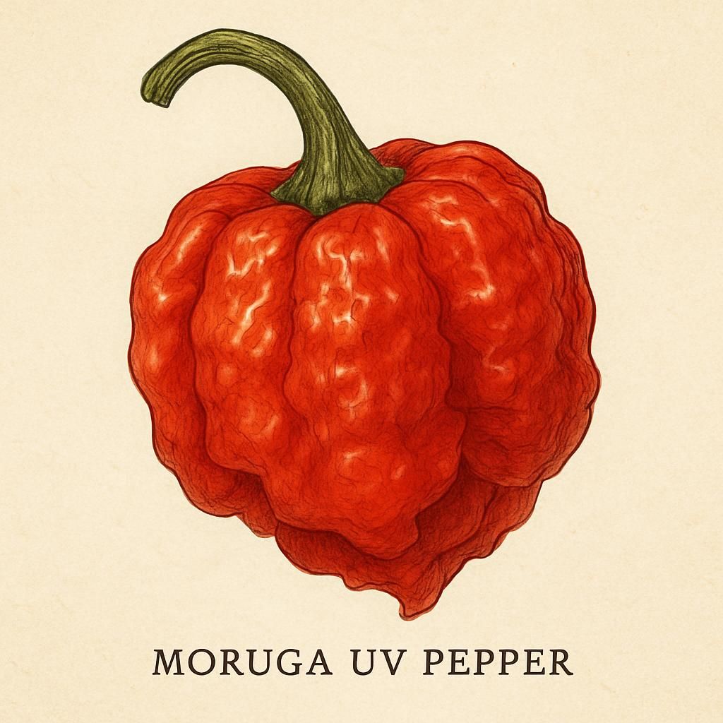 Close-up of a Moruga UV Pepper with fiery red color and distinctive wrinkled texture.