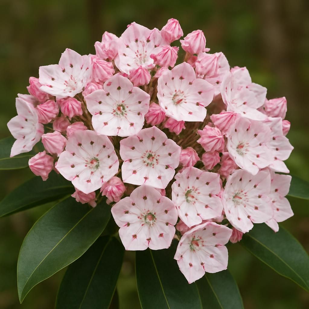 Close-up of Mountain Laurel flowers and evergreen foliage in a natural woodland setting