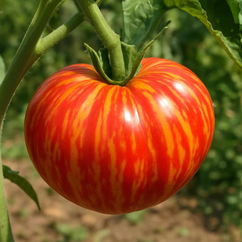 Close-up of ripe Mr. Stripey Tomato with red-yellow stripes on vine