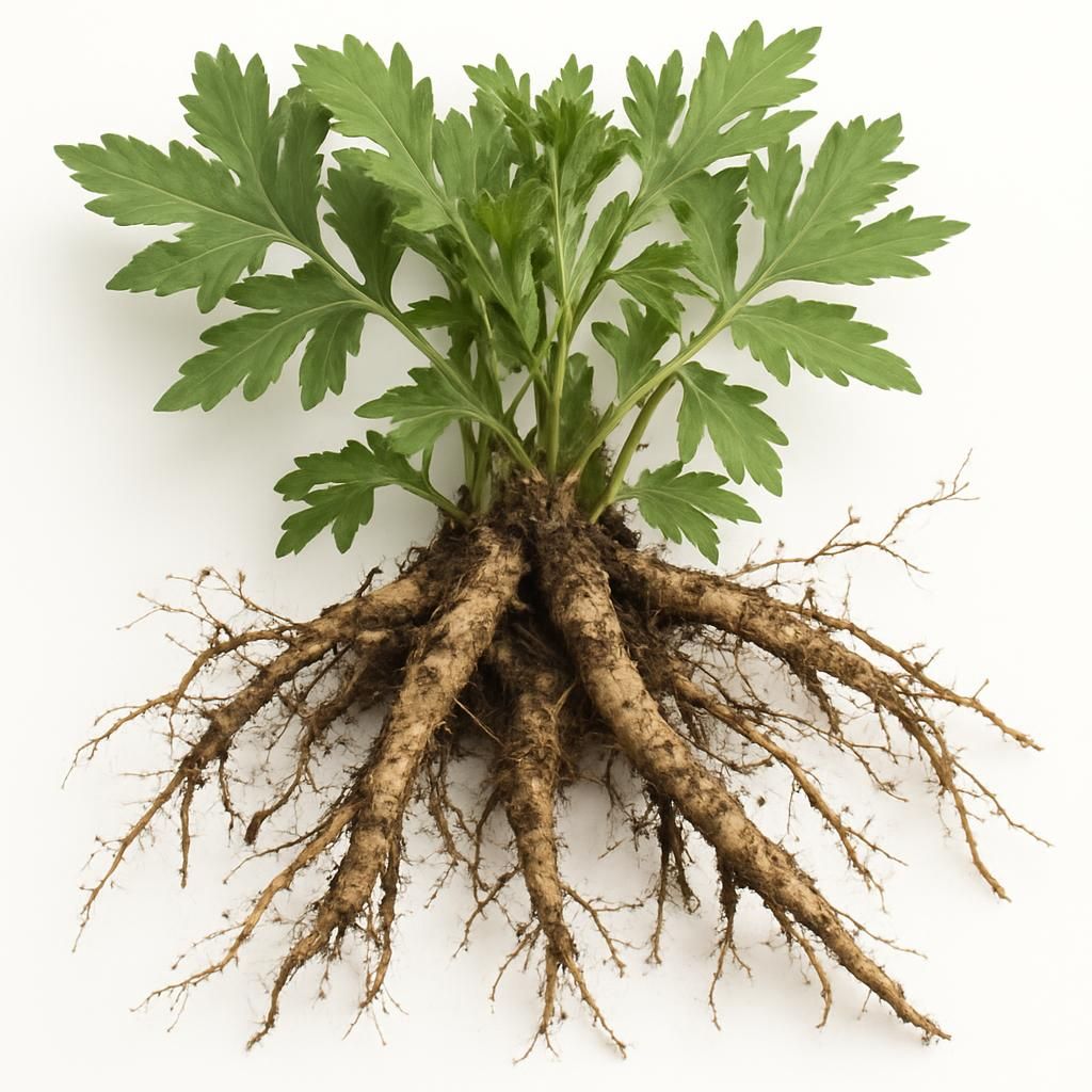 Freshly dug mugwort roots and aromatic foliage on clean surface for herbal crop guide