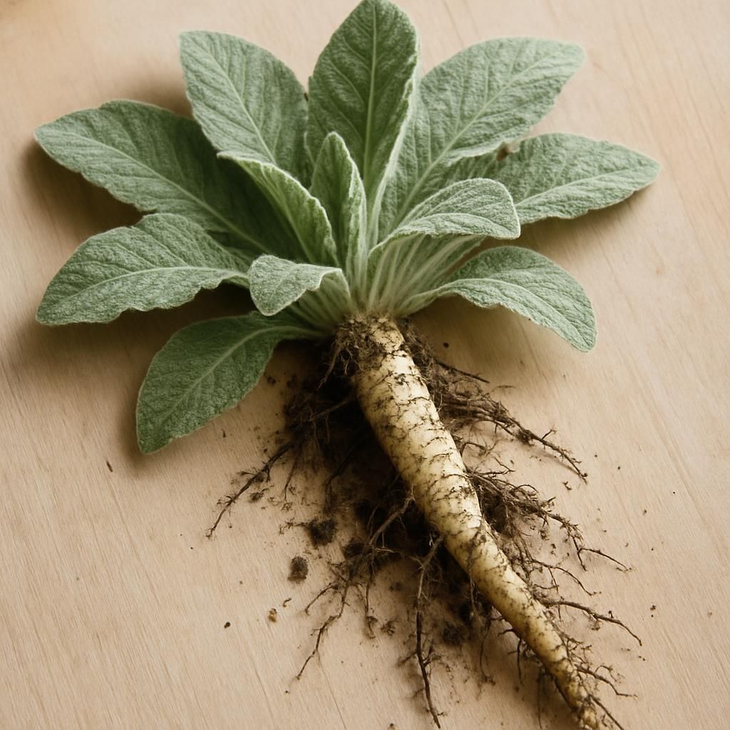 Freshly harvested mullein root with fuzzy leaves and thick taproot on wooden surface