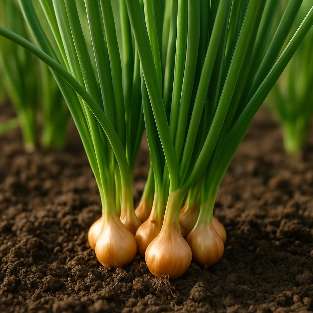 Close-up of multiplier onion clusters with green leaves and small golden bulbs in fertile garden soil