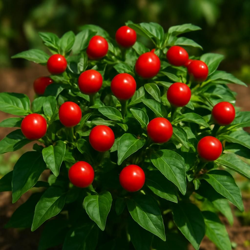 Close-up of vibrant red Mundu Chili peppers on healthy green plant ready for harvest