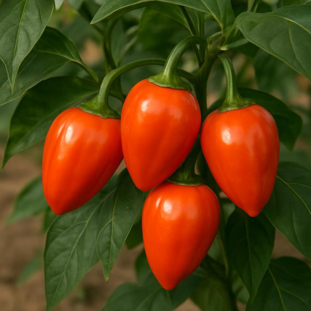Ripe Murupi Peppers growing on healthy plant with vibrant orange-red fruit and lush green leaves