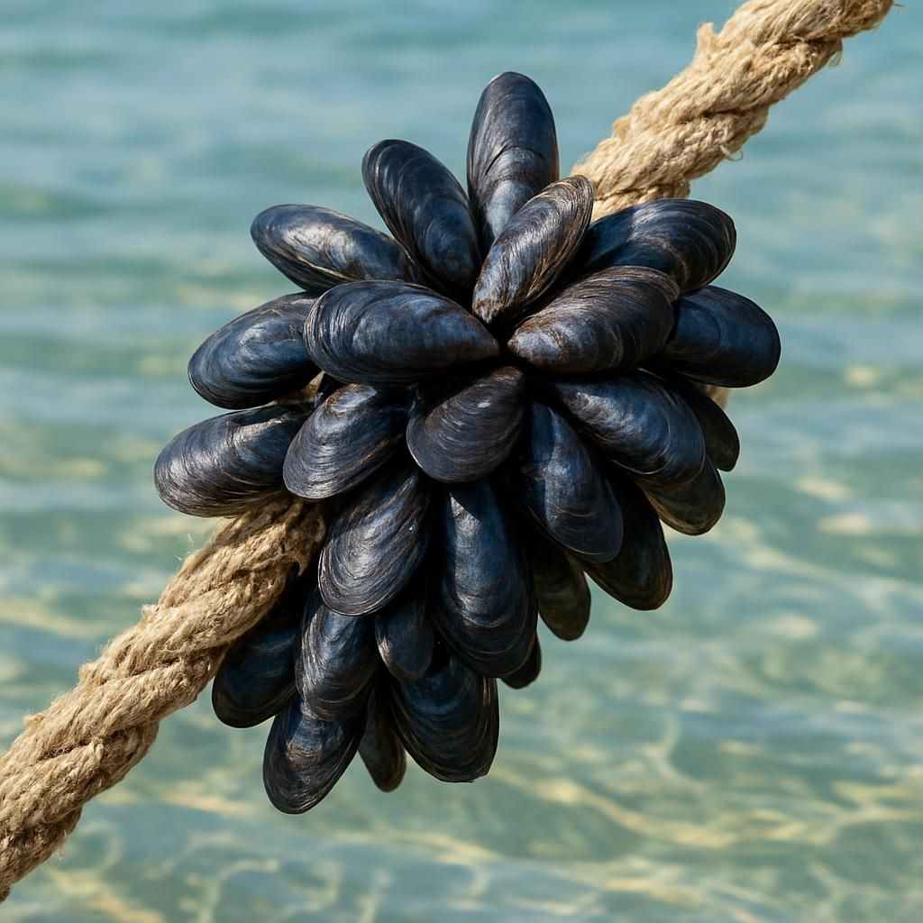 Fresh blue mussels growing on aquaculture rope in clear seawater
