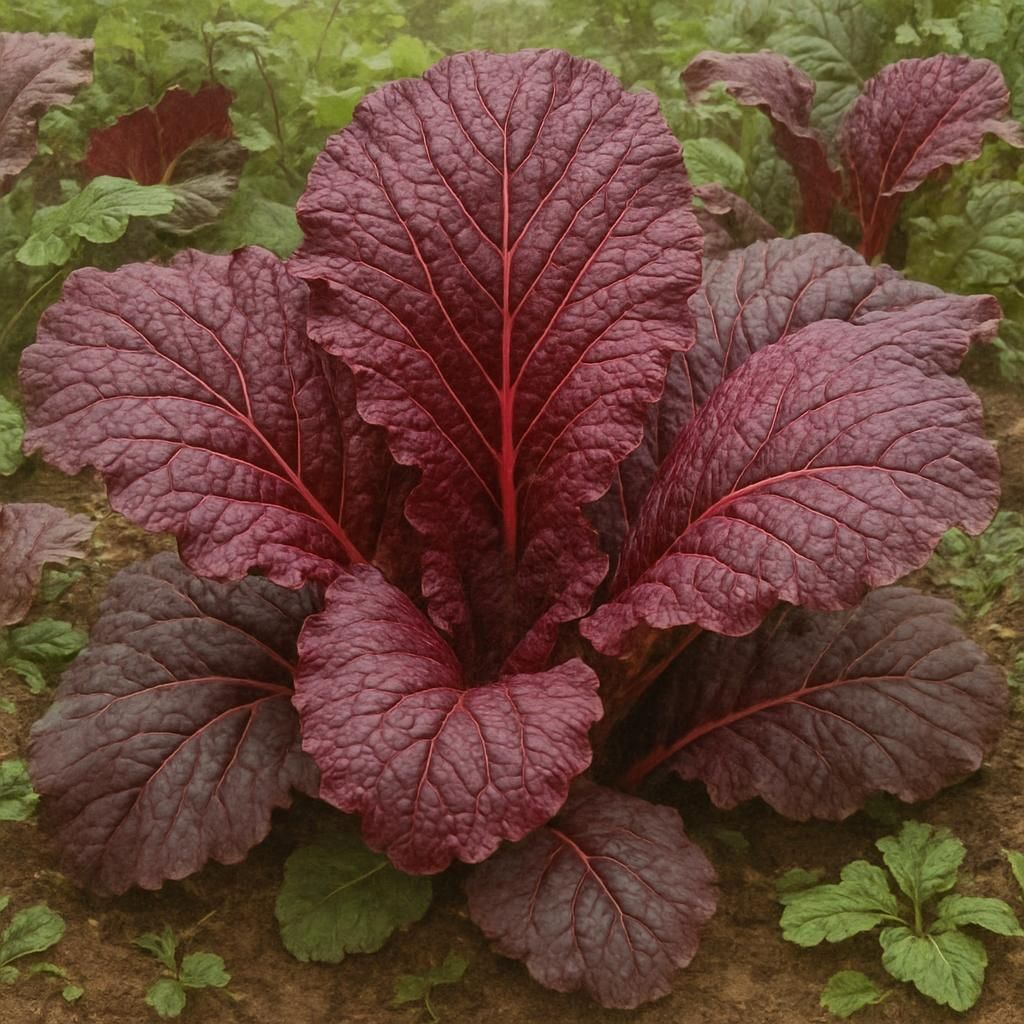 Close-up of Giant Red Mustard Greens with vibrant red-purple leaves in a garden bed.