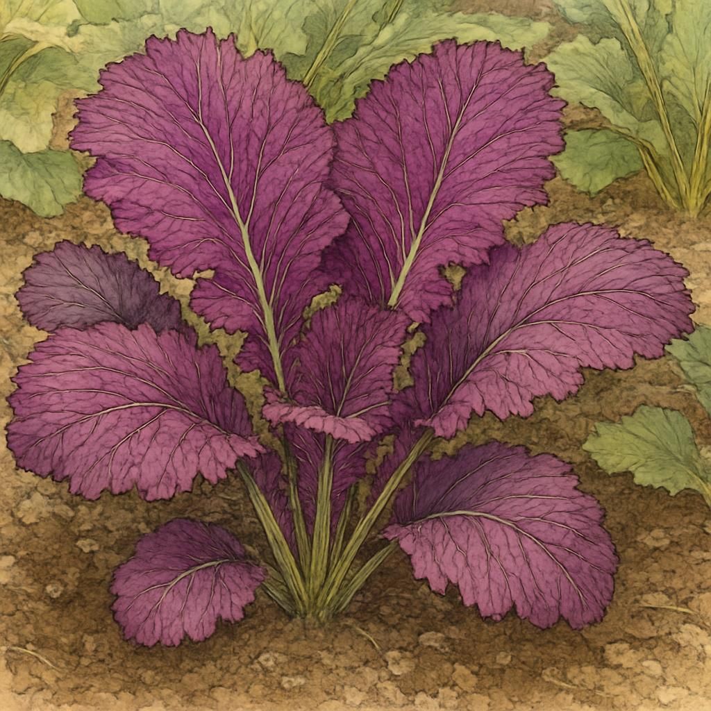 Close-up of vibrant Mustard Greens (Osaka Purple) with deep purple leaves in a garden setting.