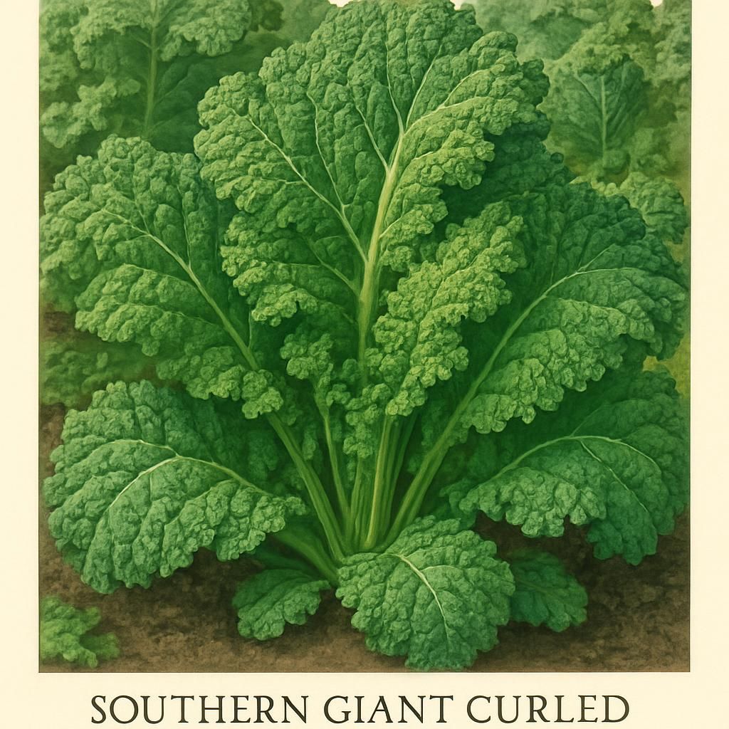 Close-up of Southern Giant Curled mustard greens with curly leaves in a garden.