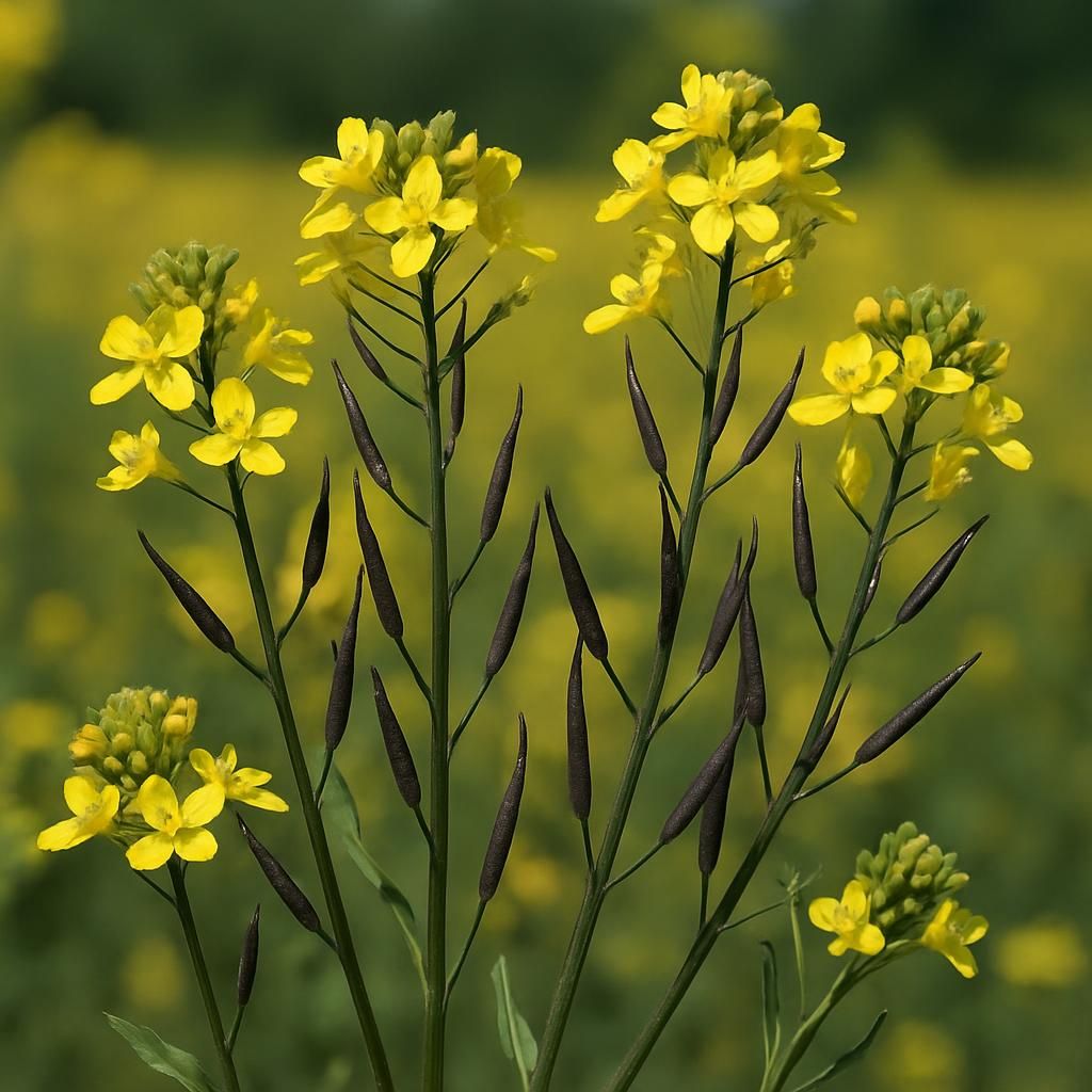 Close-up of black mustard plants with yellow flowers and seed pods ready for harvest