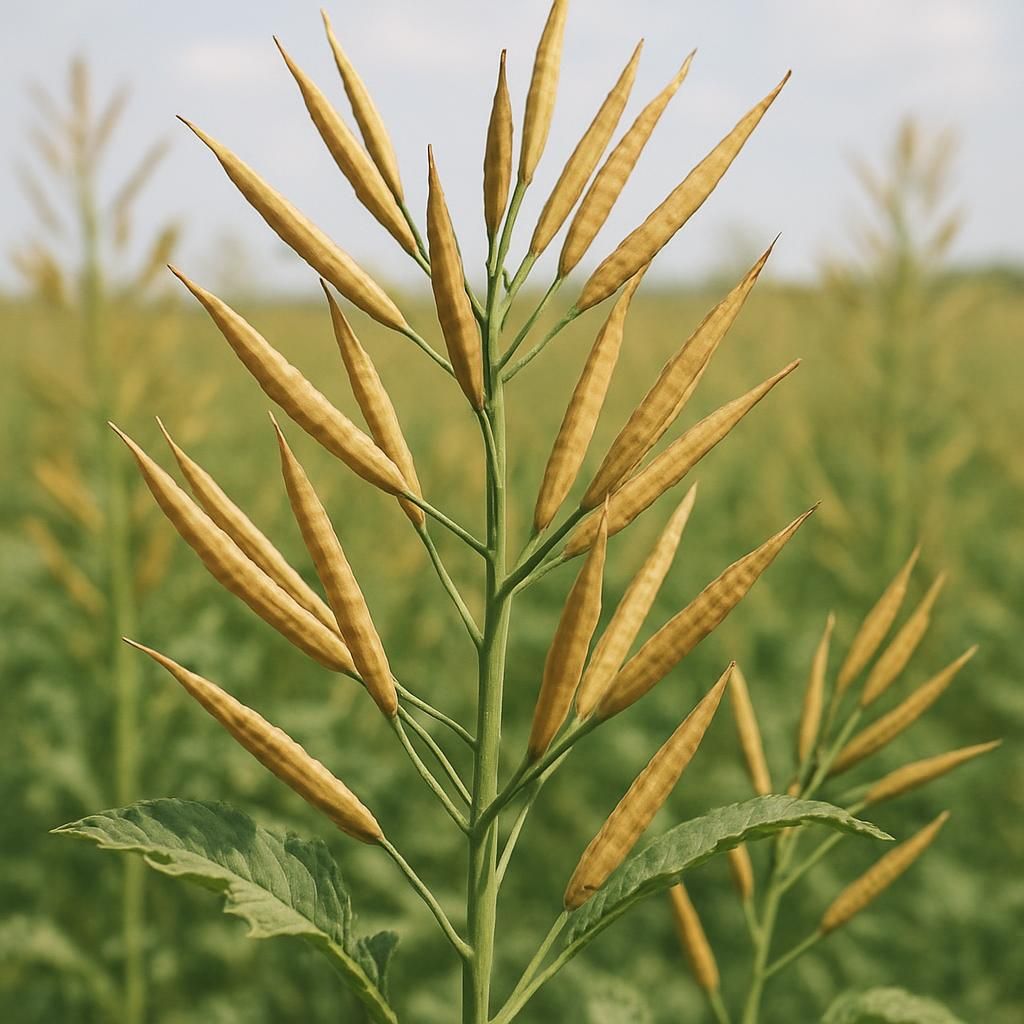 Close-up of brown mustard plants with ripe seed pods in a commercial field