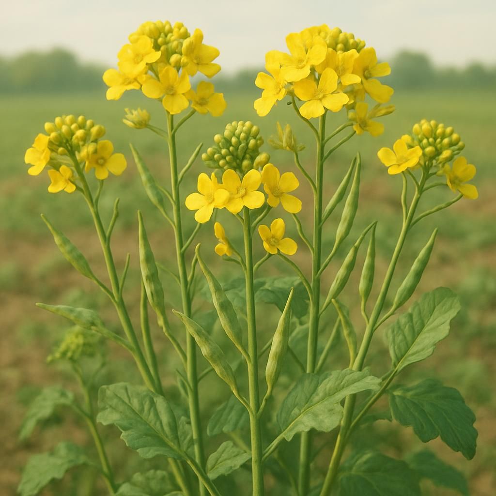 Close-up of yellow mustard plants with bright flowers and seed pods ready for harvest in a commercial field