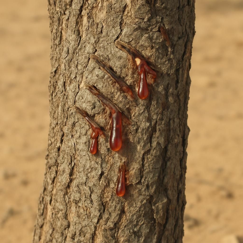 Close-up of myrrh resin tears on Commiphora myrrha bark in arid landscape