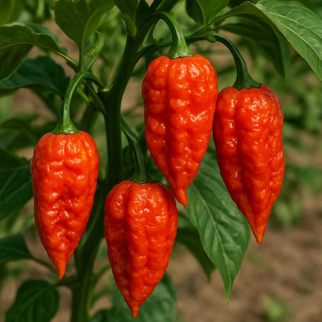 Close-up of ripe Naga Morich super-hot chili peppers on the plant with glossy red-orange skin
