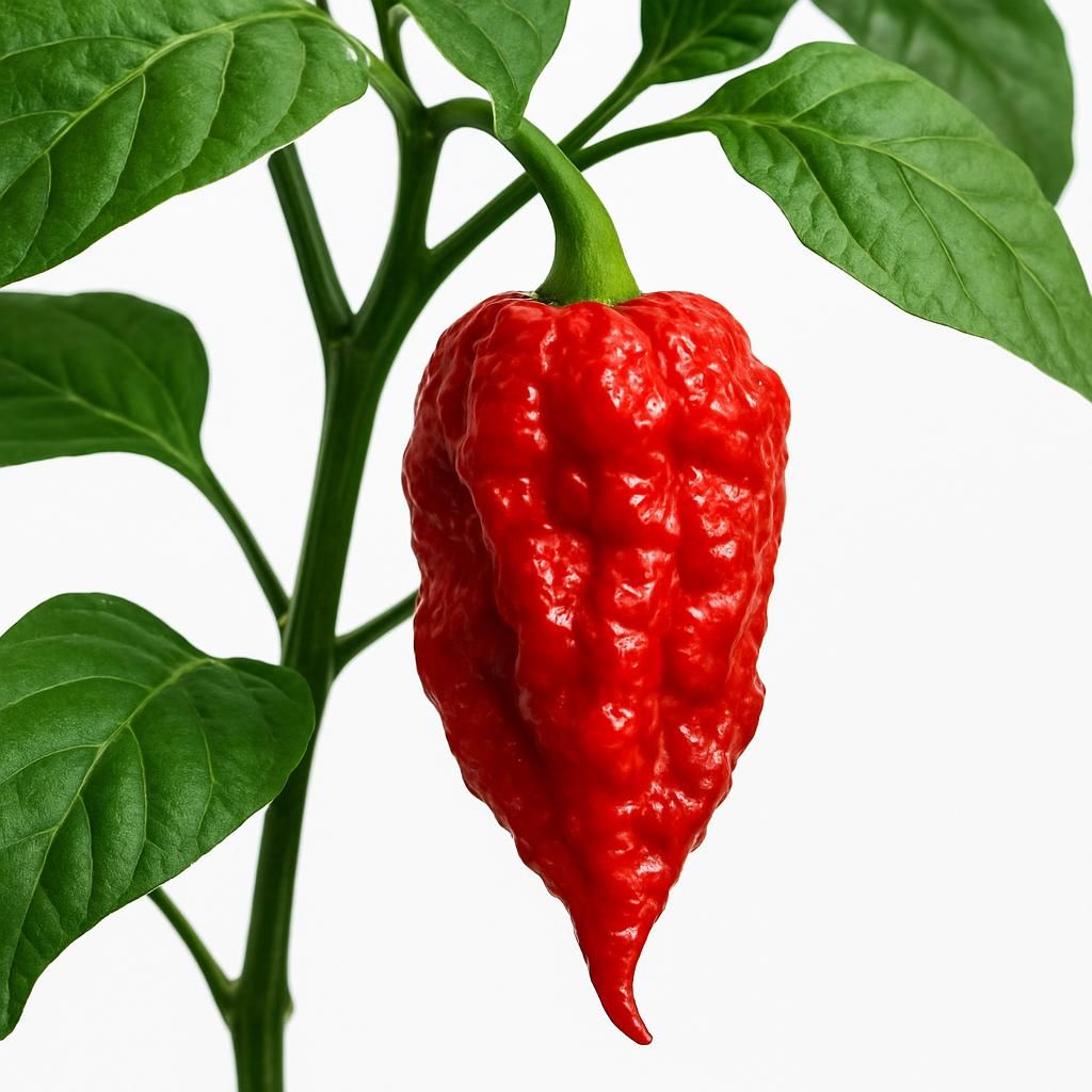 Ripe red Naga Viper superhot chili pepper growing on plant with detailed wrinkled skin texture