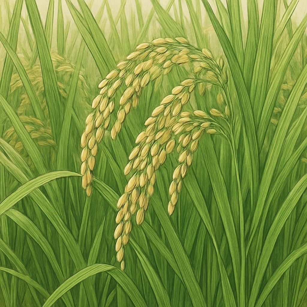 Close-up of Nanatsuboshi Rice plants with green foliage and maturing grains.